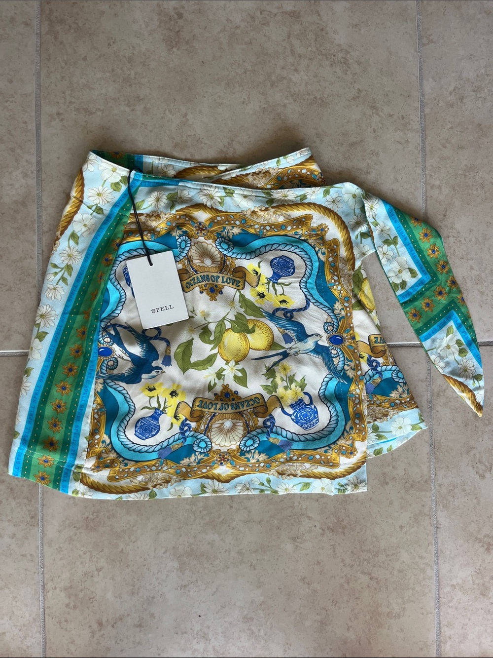XXS Spell Blue, Turquoise and Yellow Scarf-Print Wrap Top
